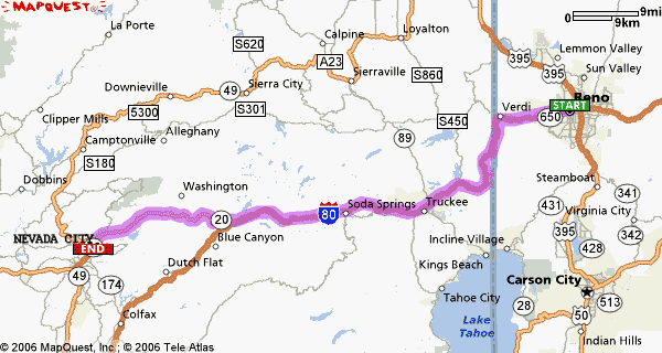 map of nevada. Route: Reno to Nevada City