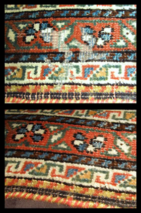 Moth damage before and after restoration at The Magic Carpet.